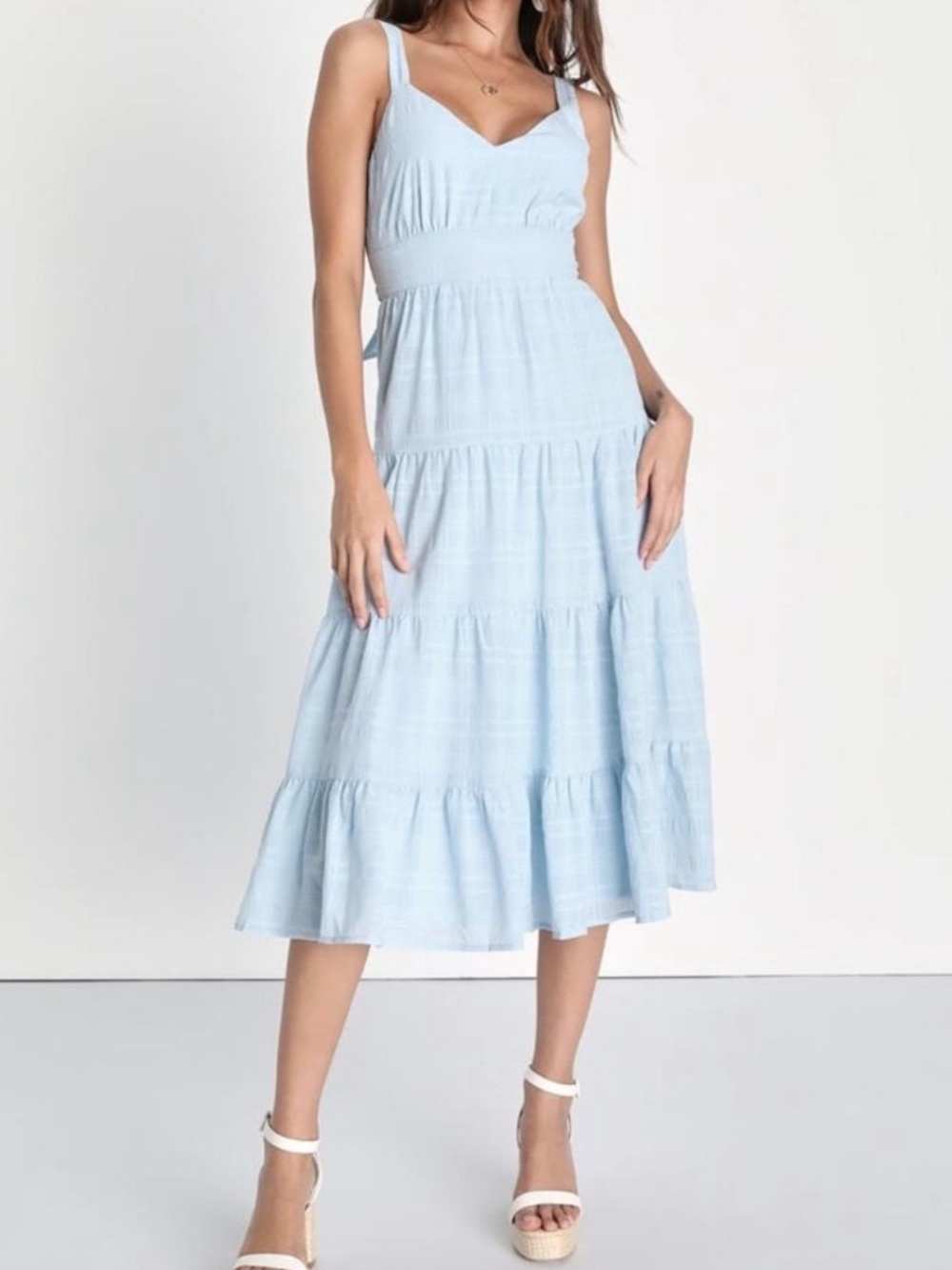 Lulus Freest Feelings Plaid Tired Tie Back Midi Dress Light Blue Medium